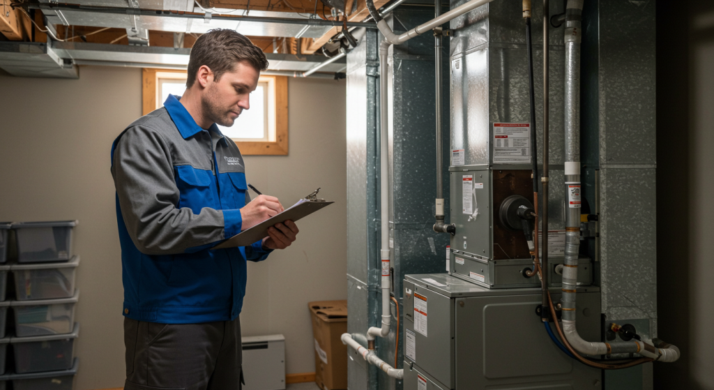 HVAC technician in blue and gray uniform assessing an old furnace in a homeowner's basement.