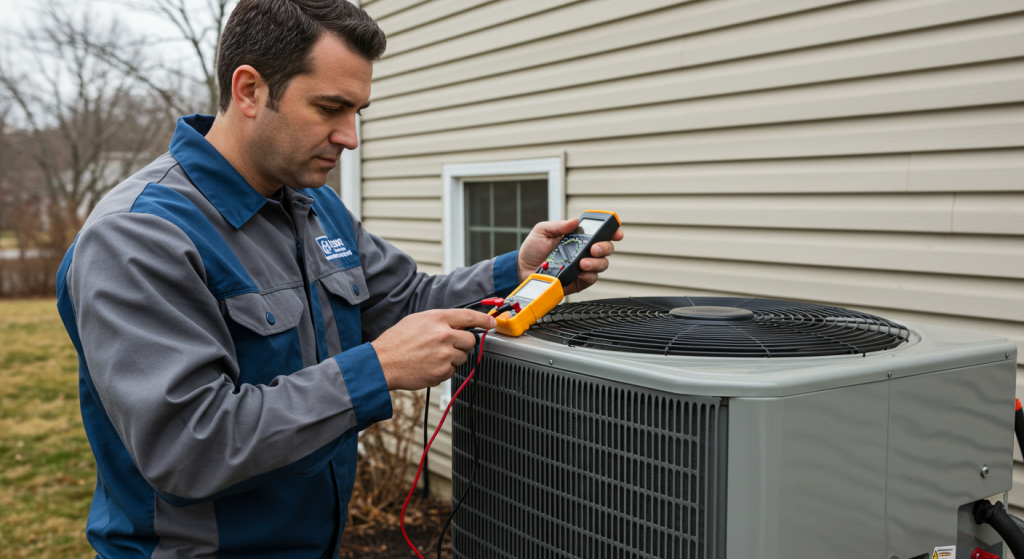 HVAC technician in blue and gray uniform diagnosing a heat pump system's outdoor unit with a multimeter.