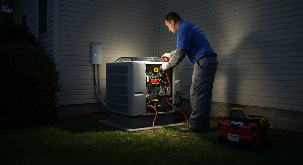 HVAC technician in blue and gray uniform performing an emergency repair on a home's outdoor heat pump unit at night.