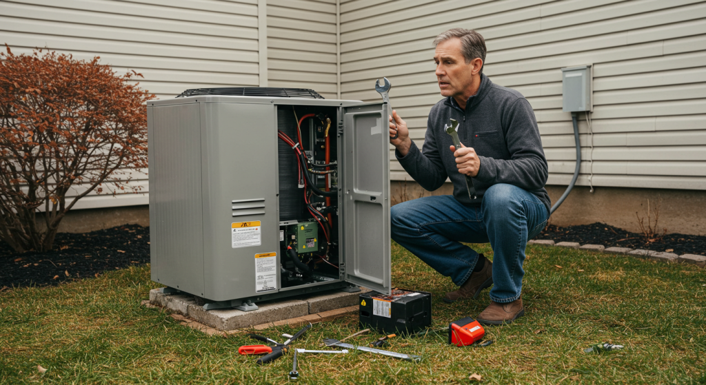 HVAC technician in blue and gray uniform professionally repairing an indoor heat pump unit in a residential basement.