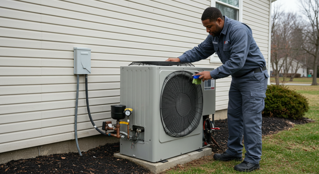 HVAC technician in blue and gray uniform performing routine maintenance on an outdoor heat pump unit.