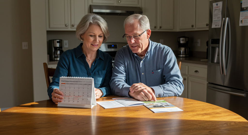 Homeowners reviewing a heat pump maintenance schedule at their kitchen table.