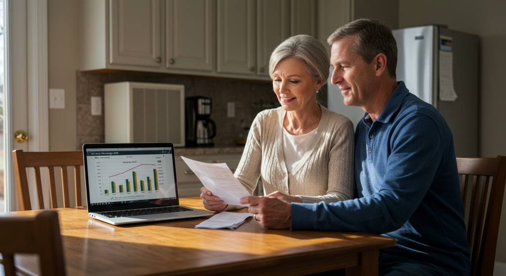 Homeowners reviewing energy bills at their kitchen table, noting savings after heat pump maintenance.