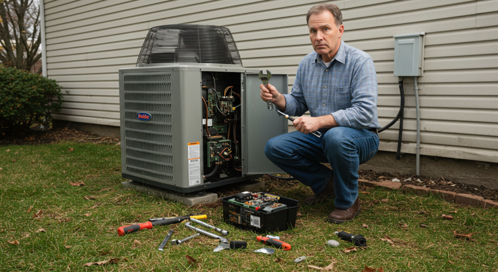 Homeowner attempting to maintain an outdoor heat pump unit, looking confused with tools scattered around.