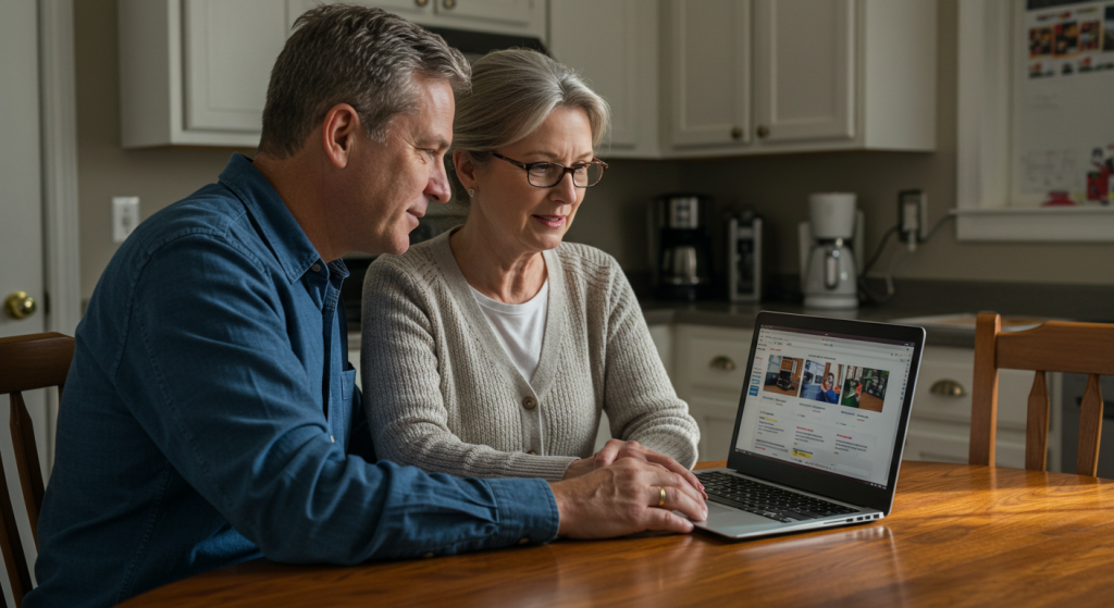 Homeowners researching local boiler repair services on a laptop at their kitchen table.