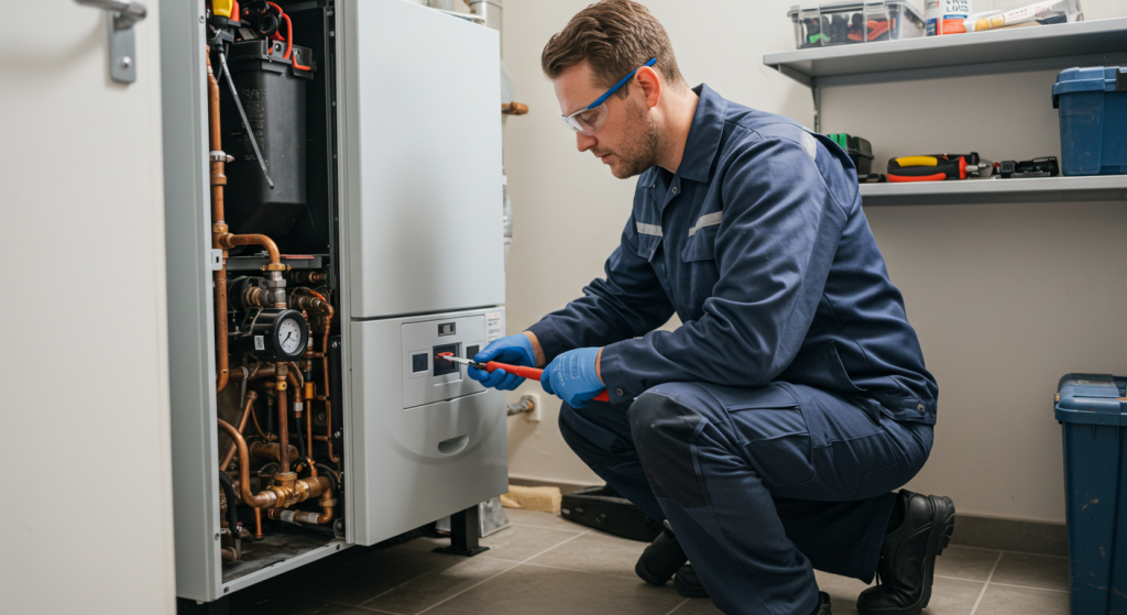 HVAC technician in blue and gray uniform repairing a boiler in a utility room.