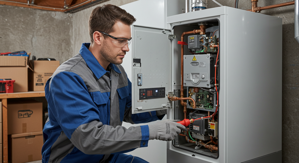 HVAC technician in blue and gray uniform repairing an electric water boiler in a residential basement.