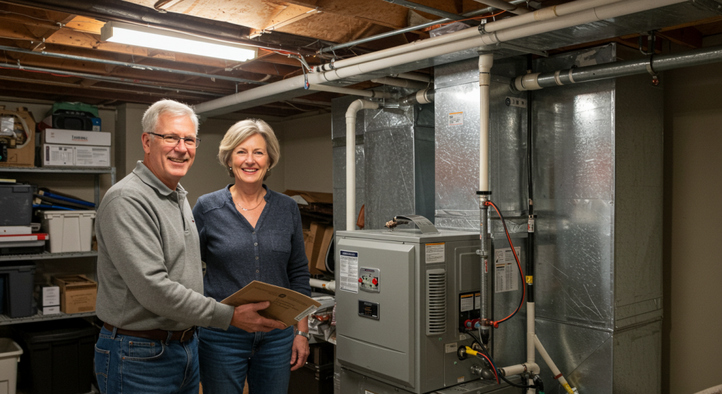 Homeowners admiring their newly installed energy-efficient furnace in a clean basement.