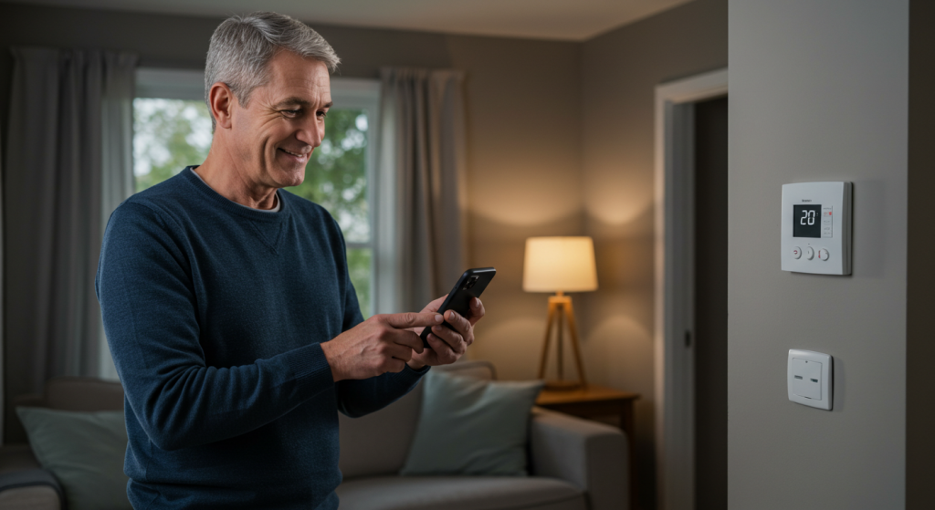 Homeowner in living room scheduling a boiler tune-up on smartphone.