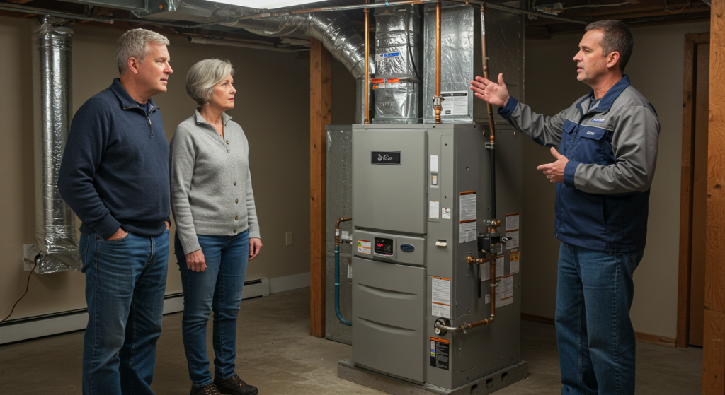 Homeowners consulting with HVAC technician about new furnace installation in their Framingham basement.