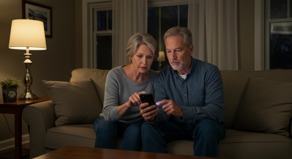 Concerned homeowners searching for emergency furnace repair services on their smartphone in a cozy living room.