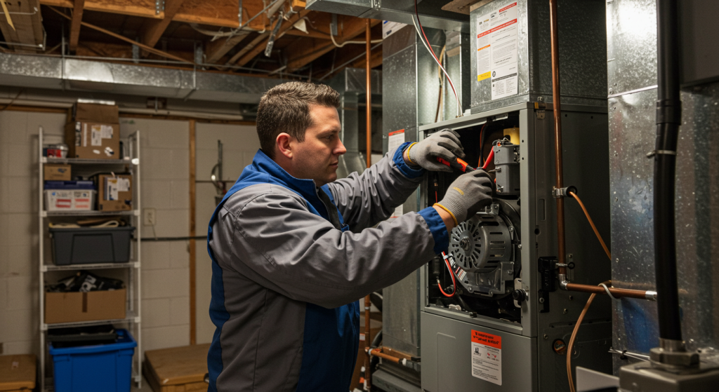 HVAC technician in blue and gray uniform repairing a furnace in a homeowner's basement.