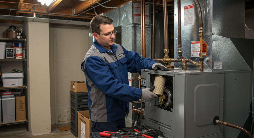 HVAC technician in blue and gray uniform repairing an oil furnace in a homeowner's basement.