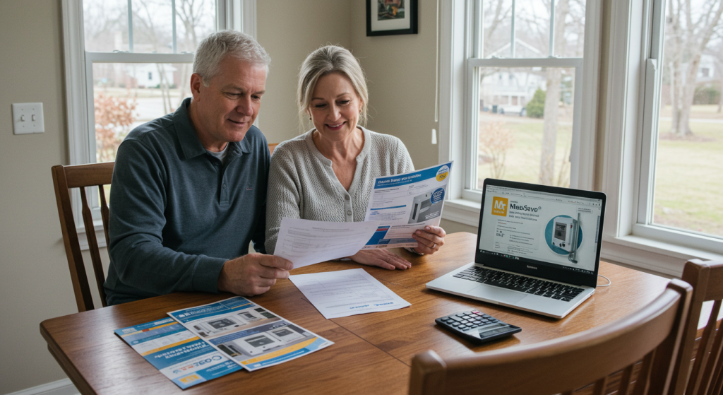 Homeowners reviewing documents and a laptop about heat pump installation rebates at their dining table.