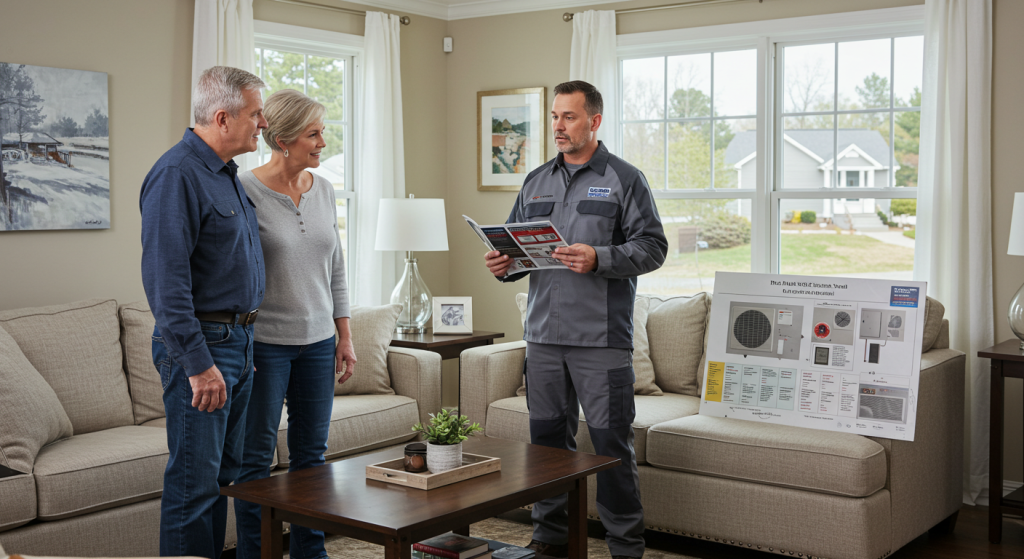 Homeowners consulting with an HVAC technician about heat pump and furnace installation options in their living room.