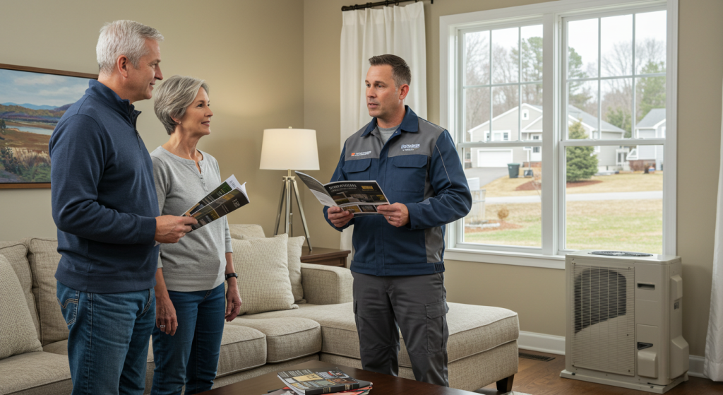 Homeowners consulting with an HVAC technician about choosing the right heat pump for their home in the living room.