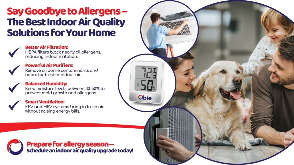 This is an image of a family, enjoying a allergen free home as an image of an HVAC tech changing a filter, the humidity and temperature device and another image of a filter. The headline reads say goodbye to allergens the best indoor air quality solutions for your home.