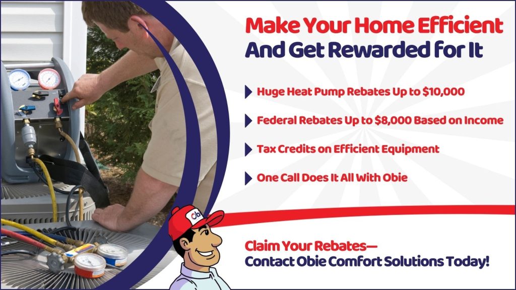 This is an image of an HVAC technician checking the coolant on AC unit the headline reads make your home efficient and get rewarded for it