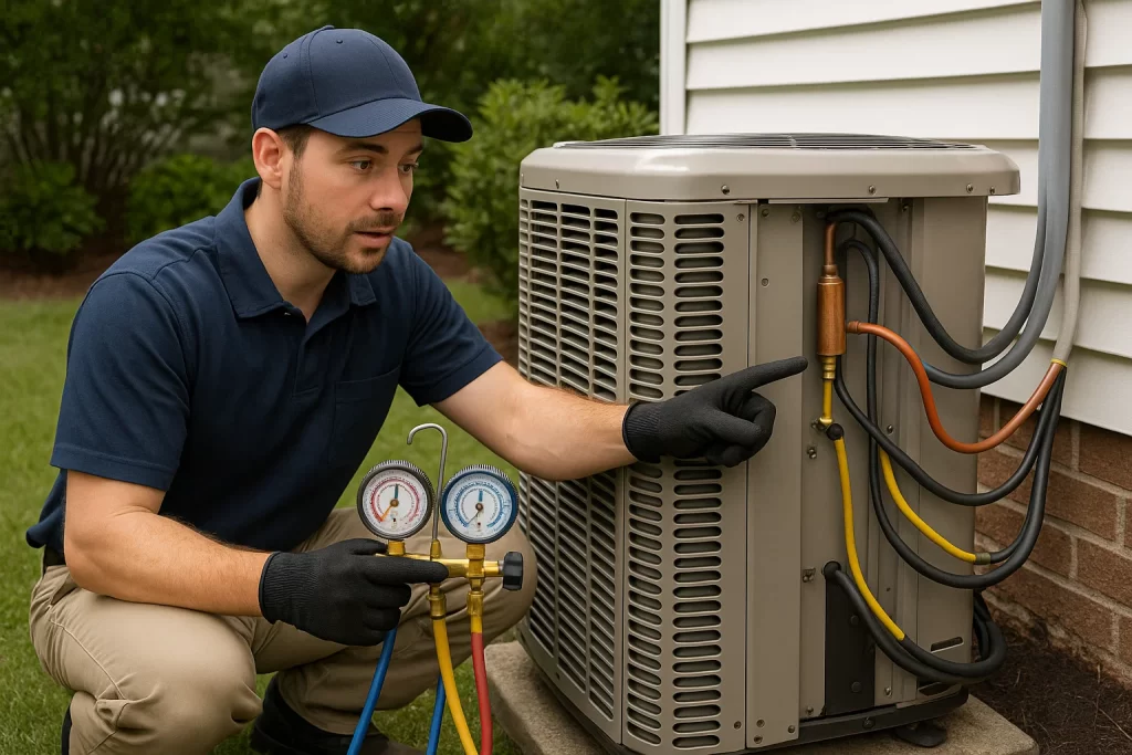 Technician showing reversing valve and refrigerant lines on outdoor heat pump with manifold gauges