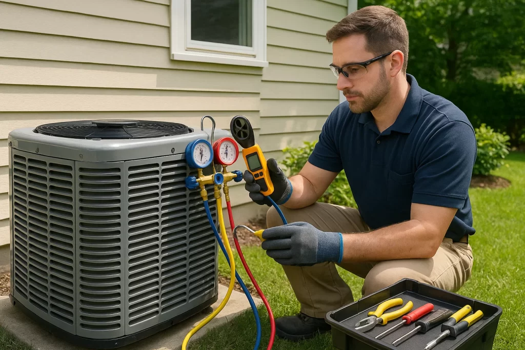 Technician inspecting outdoor AC condenser with gauges and airflow meter