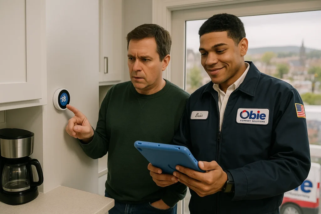 Homeowner and HVAC technician review malfunctioning smart thermostat in kitchen