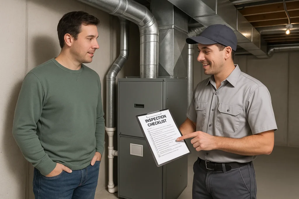 Homeowner and HVAC technician discuss system checklist during routine maintenance in basement