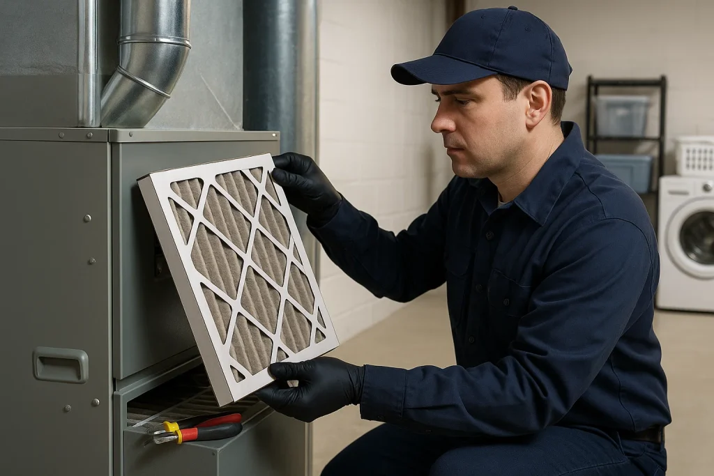 Technician replaces dusty furnace air filter during fall check