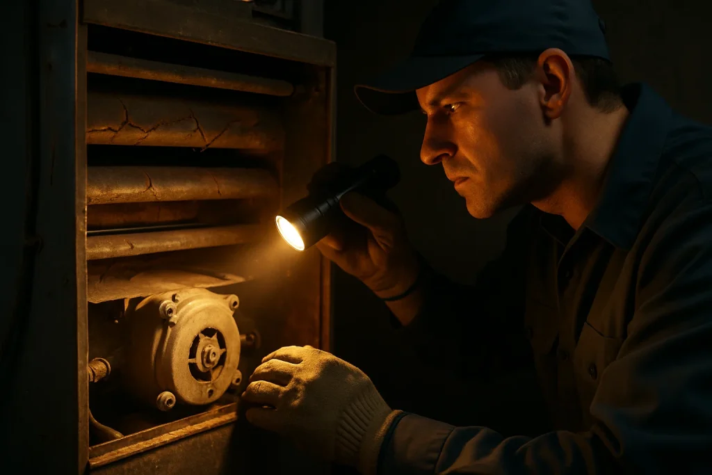 Close-up of furnace inspection with flashlight