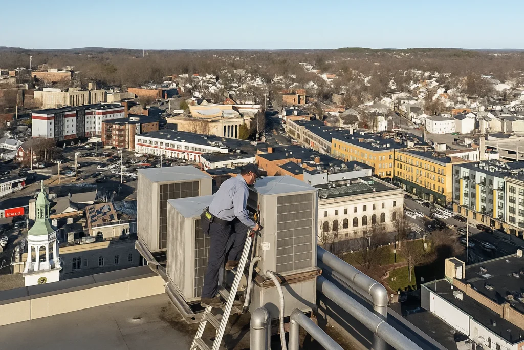Technician inspecting large rooftop commercial HVAC units during scheduled maintenance