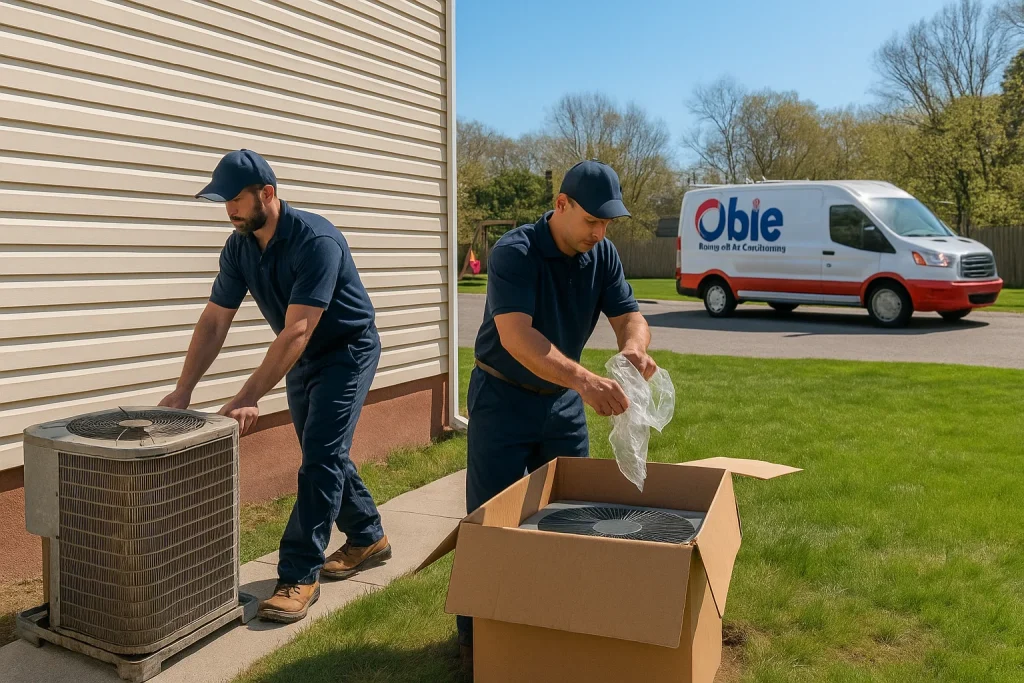 Technician removes old HVAC unit while preparing new one on the side of a house.