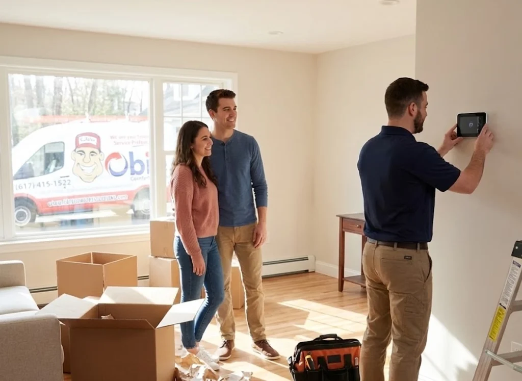 Young homeowners settling into a new home while an HVAC technician installs a modern thermostat.