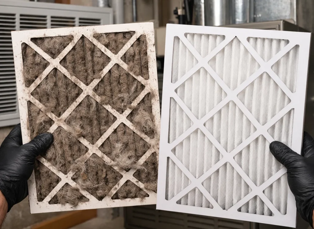 Comparison of a clogged and clean air filter during winter furnace maintenance.