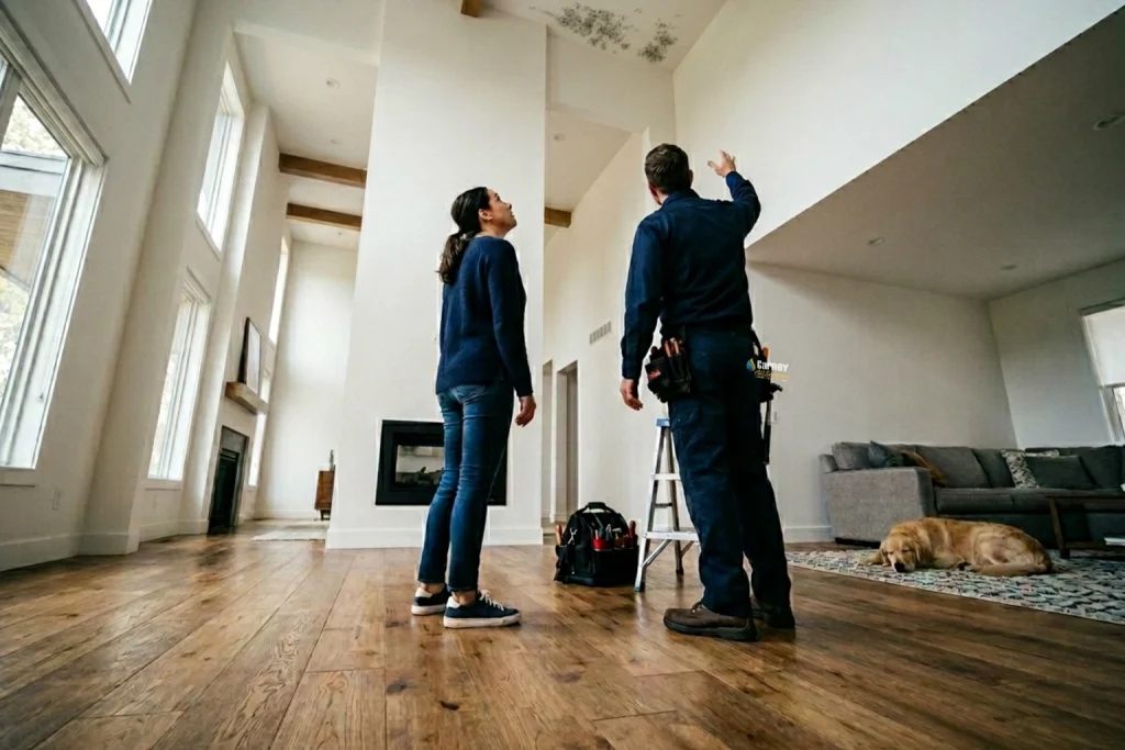 Homeowner discussing indoor air pollutants with technician